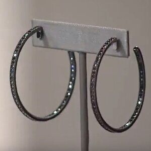 NEW Black Spinel 925 Sterling Silver 2 Inch Statement Hoop Earrings